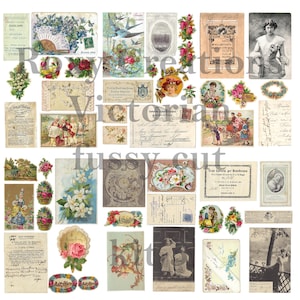 Op de afbeelding: Een verzameling vintage ephemera, waaronder ansichtkaarten, brieven en illustraties. De afbeeldingen tonen bloemen, vogels, mensen en landschappen. De ephemera is in verschillende kleuren, waaronder roze, blauw, groen en geel.