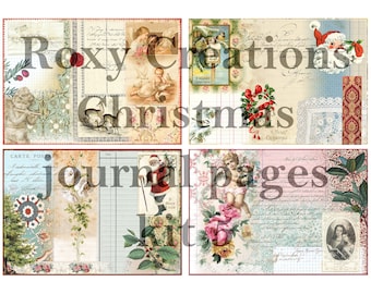 Puede incluir: Un conjunto de cuatro páginas de diario imprimibles digitales con un tema navideño. Las páginas presentan imágenes de ángeles, Papá Noel, acebo y otros elementos festivos. Las páginas están diseñadas para ser impresas y utilizadas en un diario o álbum de recortes.