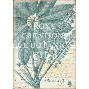 May include: A vintage botanical print featuring a detailed illustration of a plant with large, textured leaves and clusters of small flowers. The print has a teal and cream color palette, with handwritten script in the background. The text "ROXY CREATIONS BLUE BOTANICA KIT" is overlaid on the image.