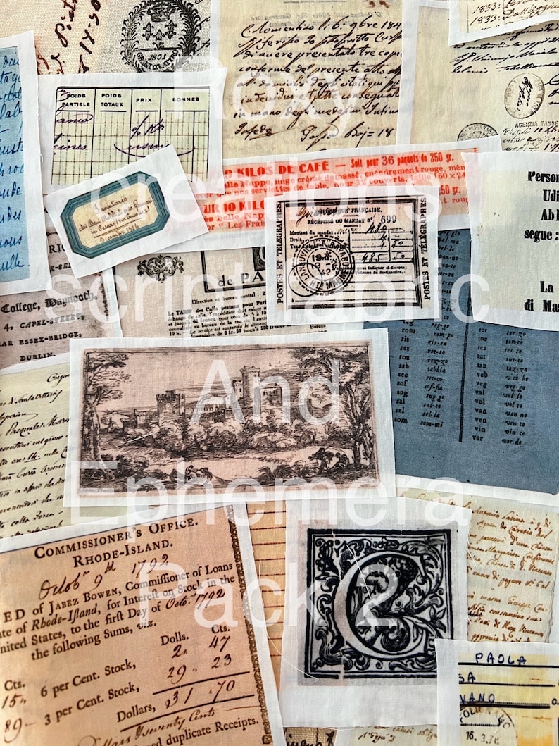 K&ouml;nnte beinhalten: Eine Vintage-Collage aus Papierephemera mit einer Vielzahl von Texten, Bildern und Briefmarken. Die Collage enth&auml;lt eine Zeichnung eines Geb&auml;udes, eine Briefmarke mit dem Text "POSTES ET TELEGRAPHES" und ein handgeschriebenes Dokument mit dem Text "COMMISSIONER'S OFFICE. RHODE-ISLAND."