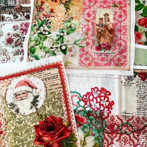 May include: A collage of vintage fabric pieces with floral, religious, and holiday themes. The fabrics feature images of Santa Claus, roses, and religious figures. Colors include red, green, white, and gold. The fabrics have a distressed, antique appearance.
