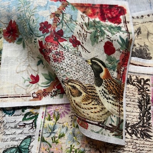 May include: A folded linen napkin with a vintage floral and bird print. The design features red flowers, green leaves, and a pair of birds. The background includes script writing and a butterfly. The color palette includes cream, red, green, and blue.