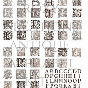 Printable Antique alphabet letters 1500s to 1700s kit 2 colour seppia