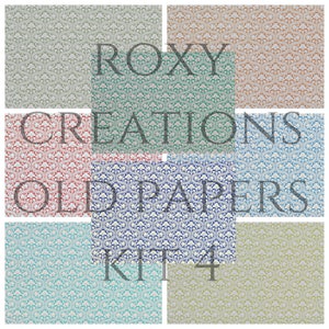 May include: A set of eight digital paper patterns featuring a repeating floral design in various colors, including green, blue, red, and brown. The patterns are labeled "ROXY CREATIONS OLD PAPERS KIT 4".