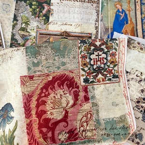 May include: A collection of fabric swatches with various patterns and textures. The swatches include floral designs, religious imagery, and handwritten script. Colors include red, blue, green, and cream.
