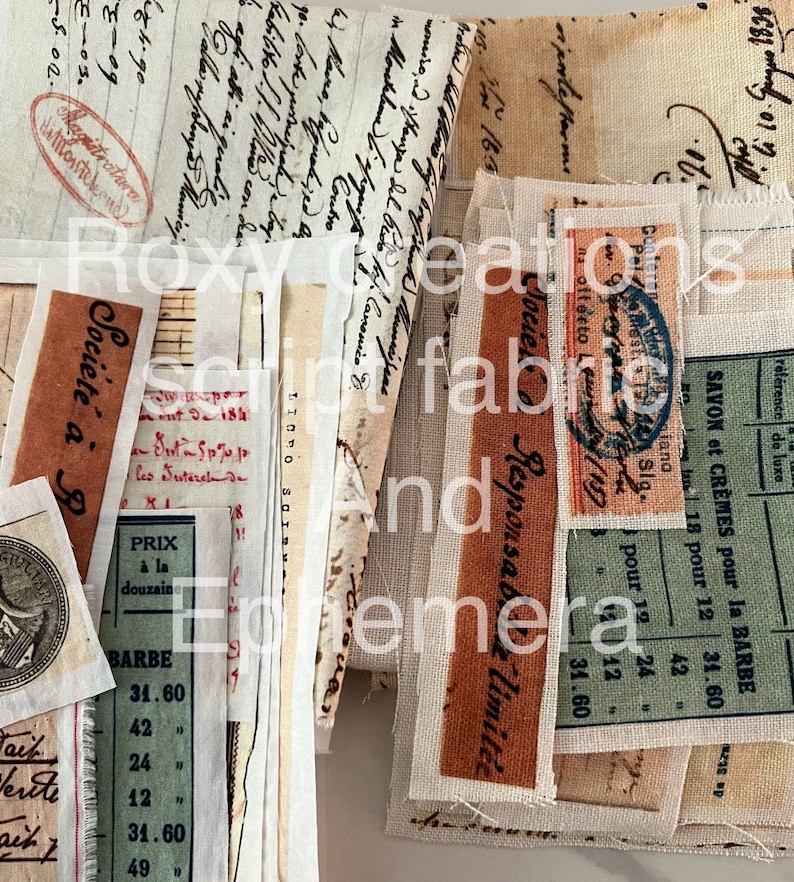 May include: A collection of vintage fabric scraps with handwritten text and labels. The scraps are in various shades of brown, beige, and green. Some of the labels include the text "Soci&eacute;t&eacute; &agrave; R", "Responsabile", and "Savon et Cr&egrave;mes pour la Barbe".