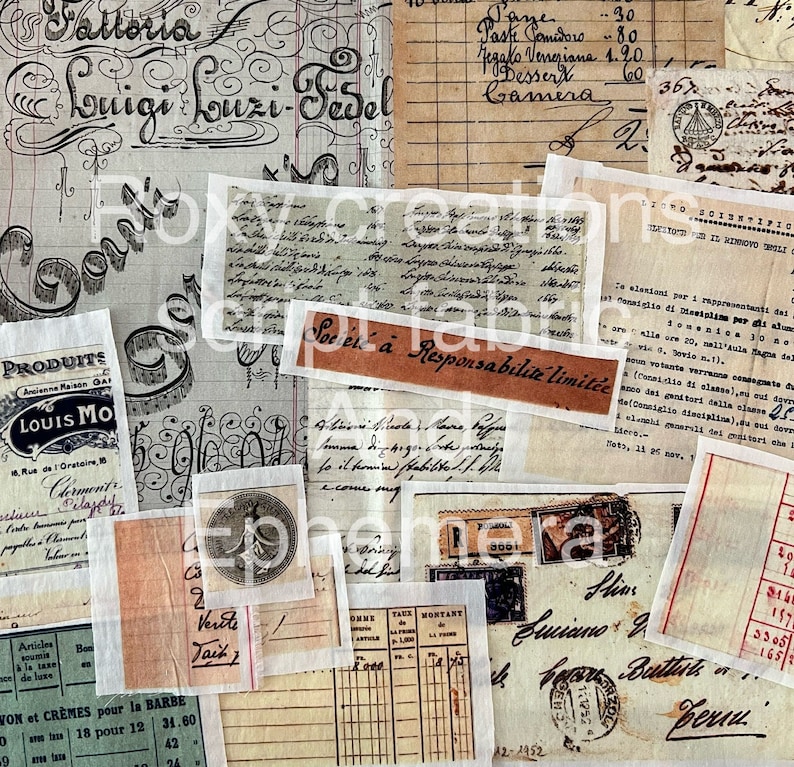May include: A collection of vintage paper ephemera with handwritten text in Italian. The papers are in various shades of brown, cream, and beige, and some have decorative borders. The text includes words like "Societa a Responsabilita Limitata" and "Luigi Luzi Fedel".