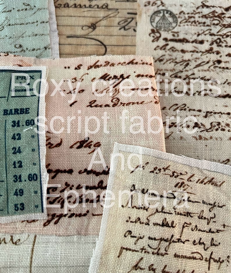 May include: A collection of vintage fabric scraps with handwritten text in brown ink. The fabric is a light beige color with a subtle texture. The text includes the words "Roxy Creations", "Script Fabric", and "Ephemera".