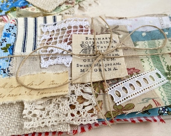 Mixed fabric bundle for slow stitching projects with some vintage and antique fabrics