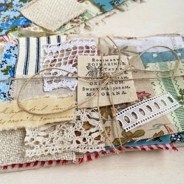 Mixed fabric bundle for slow stitching projects with some vintage and antique fabrics