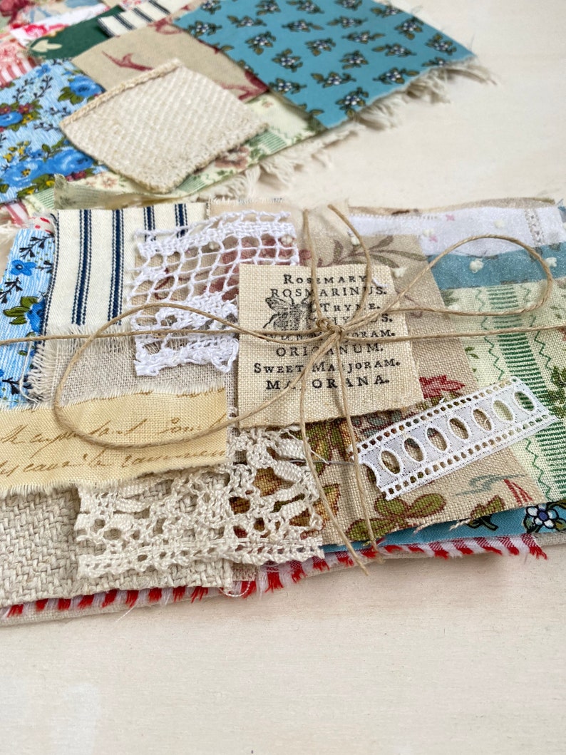 Mixed fabric bundle for slow stitching projects with some vintage and antique fabrics zdjęcie 1