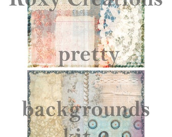 May include: Two digital paper backgrounds with a vintage aesthetic. The top background features a pink and white floral pattern, a white lace doily, and a sheet of lined paper. The bottom background features a beige and blue patterned design with a repeating circular pattern. The text "Roxy Creations pretty backgrounds kit 2" is visible on the image.