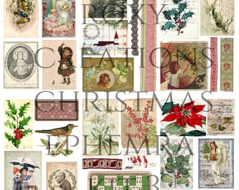 Puede incluir: Una colección de efímeras navideñas vintage, que incluye imágenes de ángeles, acebo, pájaros y una iglesia. También hay algunas notas escritas a mano y algunos papeles estampados.