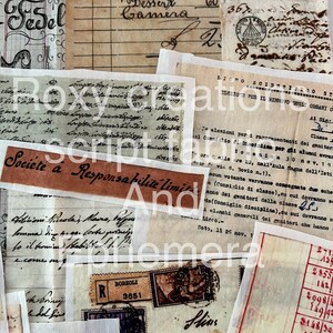 May include: A collection of vintage paper scraps with handwritten text in Italian and English. The papers are aged and have a worn, distressed look. Some of the text includes "Societe a Responsabilit&eacute; Limit&eacute;e" and "Roxy Creations".