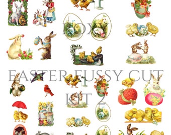 May include: A digital paper pack with 24 images of Easter-themed illustrations. The images feature bunnies, chicks, eggs, and flowers in a vintage style. The images are perfect for scrapbooking, card making, and other crafting projects.