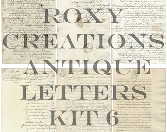 May include: A collage of antique, aged paper documents with handwritten text. The papers are various sizes and shapes, with visible stamps and seals. The text "ROXY CREATIONS ANTIQUE LETTERS KIT 6" is overlaid on the image.