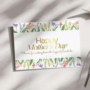 Impression de texte déjouée sur une carte à motif floral | Carte Joyeuse fête des mères | Merci d'avoir fait de la maison l'endroit où il fait bon être | Cadeau fête des mères