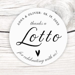 20 stickers personnalisés pour cadeaux de mariage | Stickers loterie de mariage | Étiquettes personnalisées | Autocollants ronds | Merci au loto d'avoir célébré avec nous