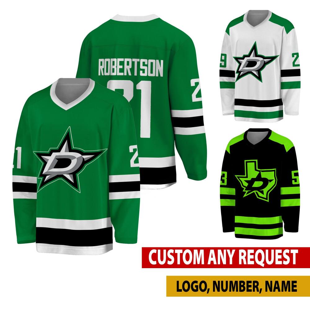 Discover Personalized Dallas Stars Hockey Jersey, Dallas Jersey For Men With Your Team Name, Jason Robertson Jake Oettinger Fan Hockey Jersey