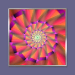 May include: Abstract digital art print featuring a swirling pattern of pink, orange, and green colors. The design creates a sense of movement and depth.