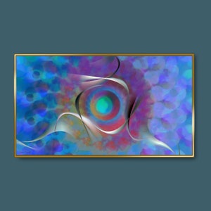 May include: Abstract painting with a swirling, colorful design. The painting features a central circle with a turquoise center and a pink, red, and white outer ring. The background is a blend of blue, purple, and pink hues with white lines and shapes.