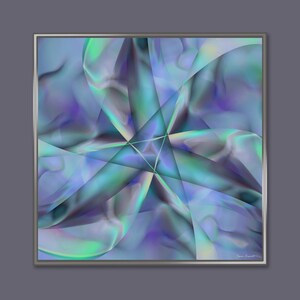 Puede incluir: Impresión de arte abstracto con un esquema de color azul, verde y morado. La imagen presenta una forma de estrella con líneas y remolinos superpuestos.