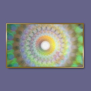 Puede incluir: Pintura abstracta con un diseño circular en tonos de verde, azul, amarillo y blanco. El centro del círculo es un orbe blanco.