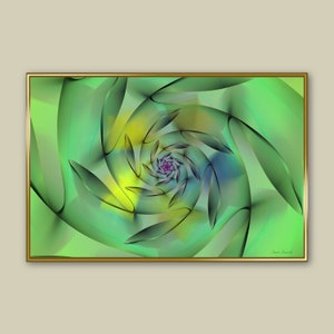 May include: Abstract art print featuring a swirling green, yellow, and blue pattern with a purple center. The print is framed in gold.