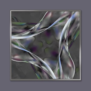 May include: Abstract digital art print with flowing, translucent ribbons in grey, white, purple, green, and blue. The artwork is framed in a silver border against a dark grey background. The overall effect is ethereal and dynamic, suitable for modern decor.