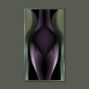 May include: Abstract art print featuring a purple, green and gold colour scheme. The design incorporates a series of curved lines that form a symmetrical pattern.