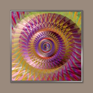 May include: Abstract digital art print featuring a spiral design with a multitude of colors. The artwork has a central focus with concentric circles in shades of purple, red, and blue. The outer edges of the spiral are in shades of yellow, pink, and green, all within a silver frame.
