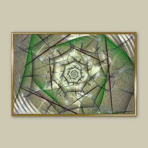 Op de afbeelding: Abstracte kunstprint met een draaiend, geometrisch patroon in tinten van groen, wit en grijs. Het ontwerp heeft een centraal focuspunt.