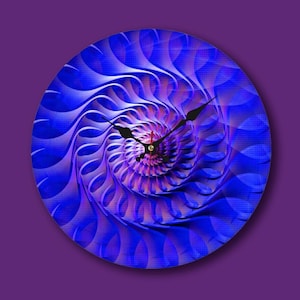 May include: Circular wall clock with a blue and purple spiral design. The clock face has a swirling, abstract pattern with black hands and a red second hand. The clock is set against a purple background.