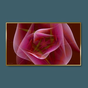 Puede incluir: Impresión digital de arte abstracto con una forma de flor rosa y roja sobre un fondo marrón. La imagen tiene un marco dorado.