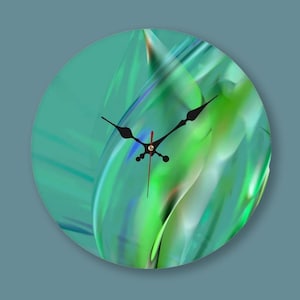 May include: Circular wall clock with an abstract teal and green design. The clock face has a swirling pattern of green and white, with black hands and a red second hand. A decorative item for the home.