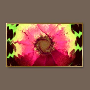 May include: Abstract digital art print featuring a pink, yellow and green flower design. The flower has a swirling, textured pattern and is framed in gold.