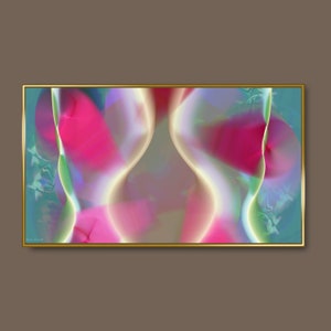 Puede incluir: Impresión de arte abstracto con una paleta de colores vibrantes de rosa, verde y azul. La obra de arte presenta un diseño fluido y orgánico con una sensación de movimiento y energía.