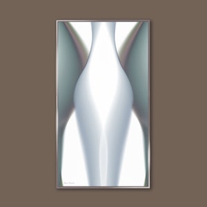 May include: Abstract digital art print in a silver frame. The artwork features a white background with a central, light blue, curved shape that resembles a vase. The shape is surrounded by a soft, green and purple gradient.