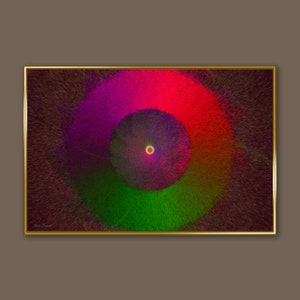 May include: Abstract art print featuring a concentric circle design in shades of red, green, purple, and brown. The circles are surrounded by a gold frame.