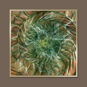 May include: Abstract digital art featuring a swirling pattern of green, blue, and brown lines. The lines create a sense of depth and movement, with a central point of focus.