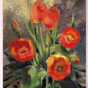 Druckbare Postkarte mit frühlingshaften roten Tulpen, digitale Postkarte, Blumen, Naturmalerei, Blumenillustrationen