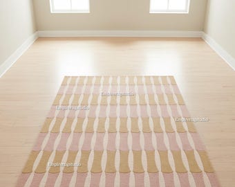 Hand Tufted Mustard Yellow Pink Rug Modern Geometric Stripe Wool Area Rug Handmade Living Room Bedroom Accent Contemporary Decor Carpet