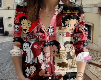 Betty Boop Blouse Shirt, Womens Casual Top, Long Sleeve Collared Shirt, Cartoon Print Button Down Shirt, Gift for Betty Boop Fan