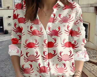 Crab Print Linen Blouse Shirt, Coastal Beach Button Up, Cute Pink Red Crabs Top, Summer Vacation Outfit, Lightweight Casual Women