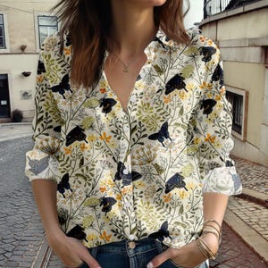 Butterfly Botanical Blouse Shirt, Linen Look Button Up Top for Women, Floral Cottagecore Long Sleeve, Lightweight Spring Summer Gift