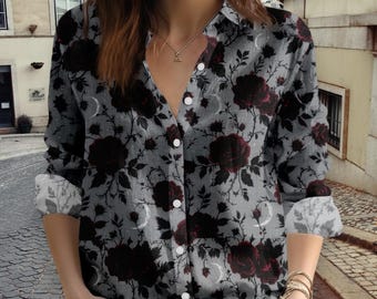 Dark Rose Floral Blouse Shirt, Vintage Black Rose Button Up Top, Linen-Look Boho Shirt, Casual Work Travel Outfit Gift