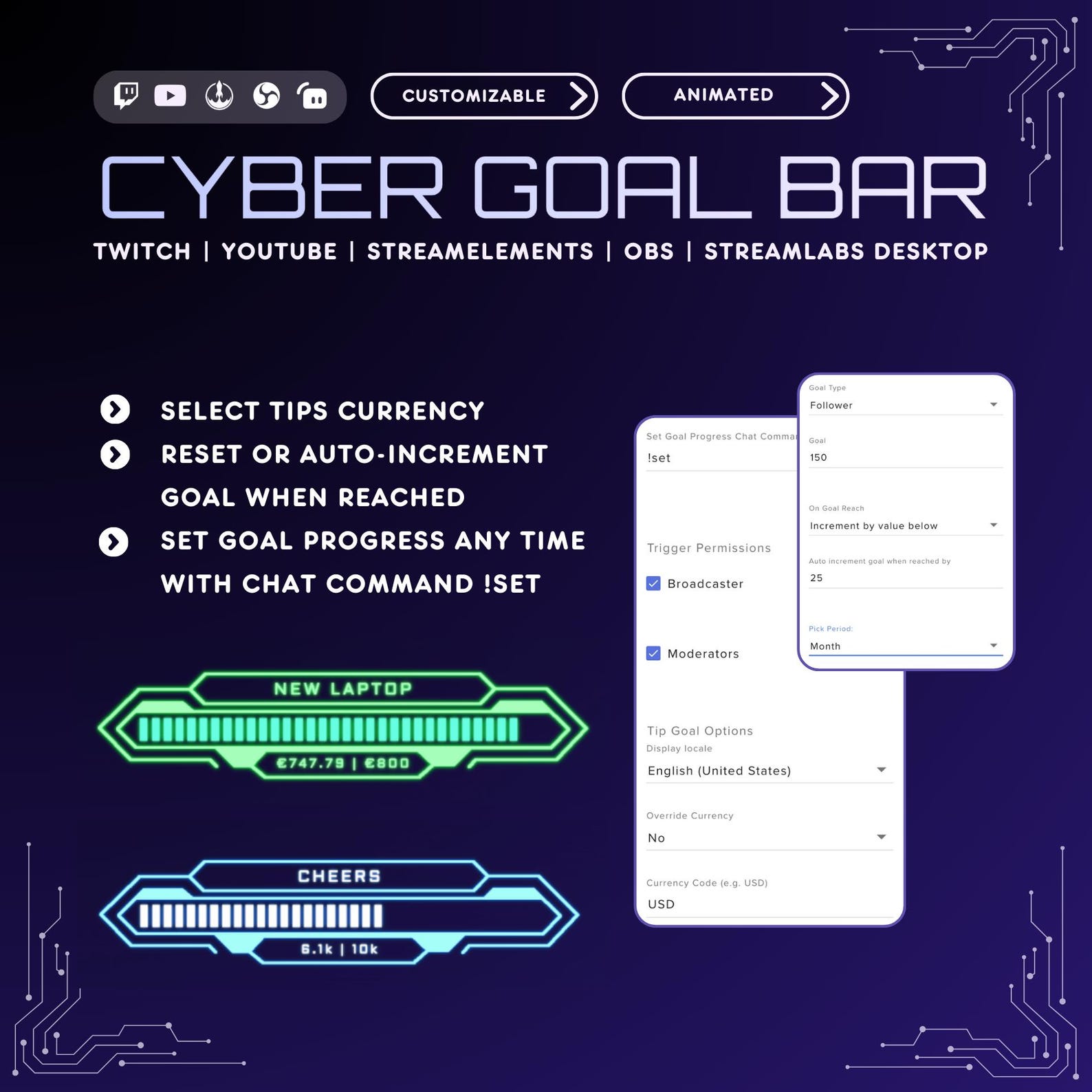 Cyber Goal Bar Widget for Twitch Youtube Streamers | Futuristic ...