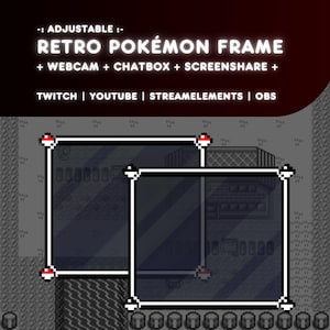 May include: A pixelated frame inspired by the Pokemon video game series. The frame is black and white with red accents. It is designed to be used as a webcam overlay for streaming on Twitch, YouTube, and other platforms.