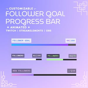 Twitch Follower Goal Bar for StreamElements | Animated Stream Overlay Progress Widget for OBS | Follower Tracker for Streamers