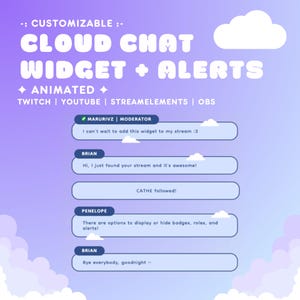 Op de afbeelding: Een paarse en witte illustratie van een cloudchat-widget met geanimeerde meldingen. De afbeelding toont een chat-widget met verschillende berichten van gebruikers, waaronder "MARURIVZ | MODERATOR", "BRIAN", "CATHE followed!" en "PENELOPE".